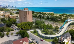 加哥的湖岸大道上的人行天橋上開工建設